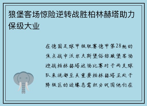 狼堡客场惊险逆转战胜柏林赫塔助力保级大业